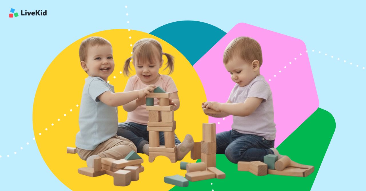 troje dwulatów bawi się drewnianymi klockami